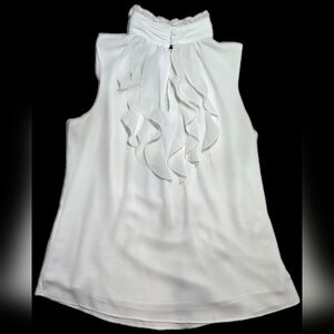 2P WHBM Ruffled Button-up Mock Neck White Sleeveless Top
